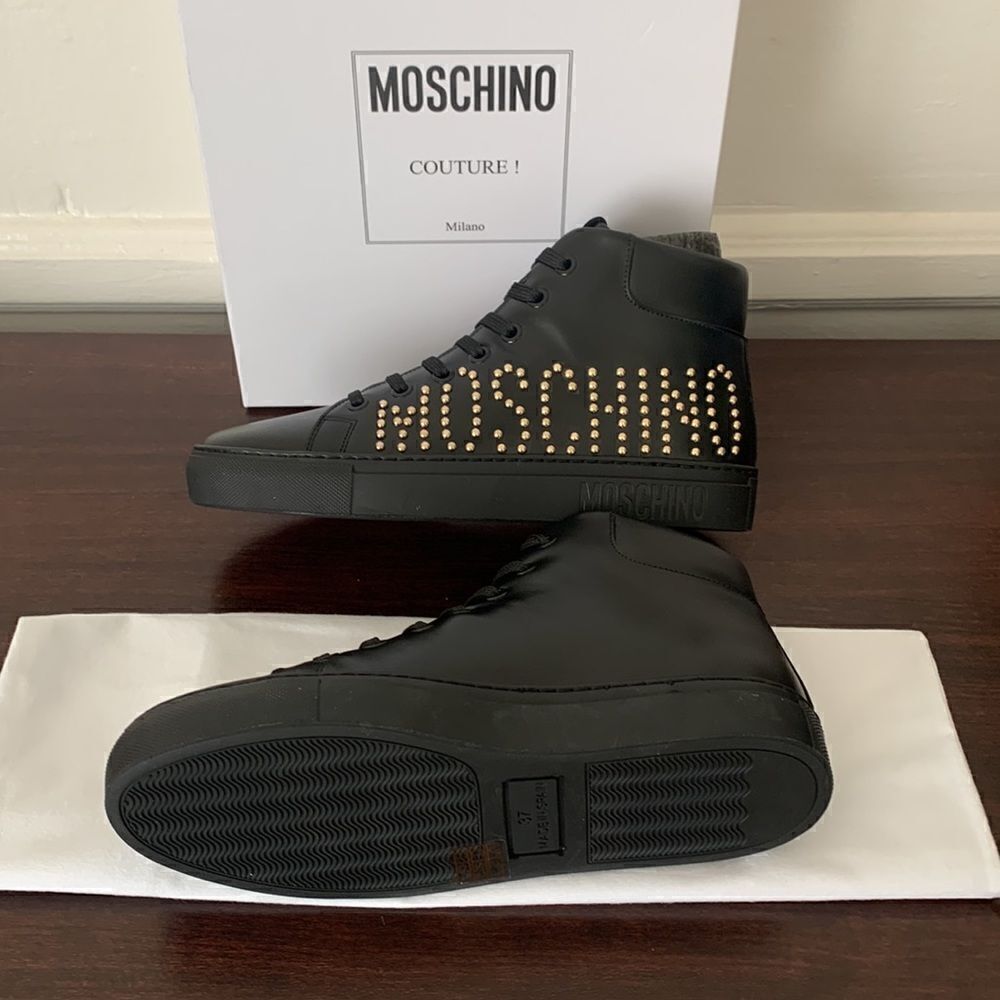 Moschino Women’s High Top logo studded leather black sneaker size 7, NIB - Picture 12 of 12